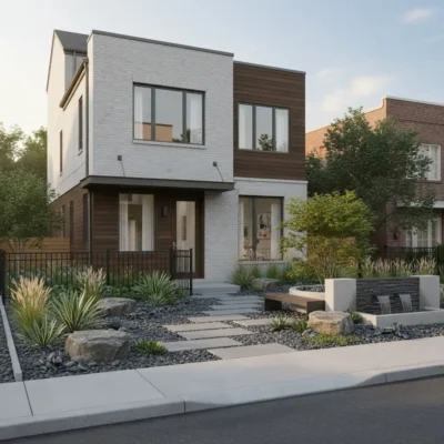 Aménagement du devant d'une maison avec des galets décoratifs de jardin en marbre vert tigré