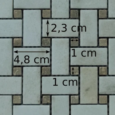 Dimensions des tesselles de la mosaïque en marbre blanc mugla et marbre vert rustique