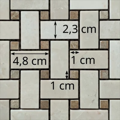 Dimensions des tesselles de la mosaïque en marbre beige et marbre Emperador (motif tissage grand panier)