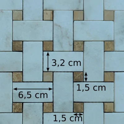 Dimensions des composants de la mosaïque en marbre blanc et marbre Emperador (motif tissage panier)