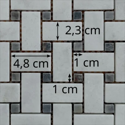 Dimensions des tesselles de la mosaïque en marbre blanc et noir (motif tissage panier)