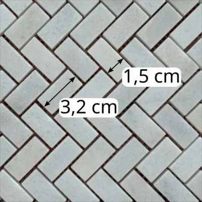 Dimensions des tesselles de la mosaïque en marbre blanc mugla (motif chevrons)