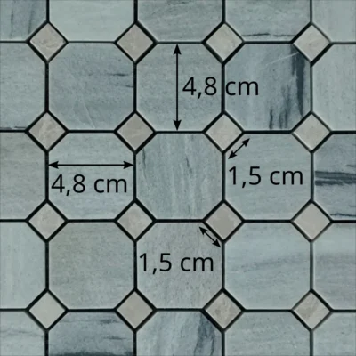 Dimensions des tesselles de la mosaïque en marbre blanc solto et marbre beige (motif octogone)