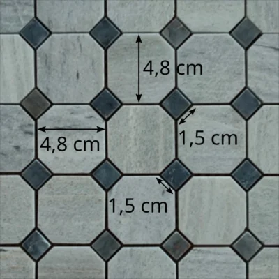 Dimensions des tesselles de la mosaïque en marbre blanc solto poli et marbre noir (motif octogone)