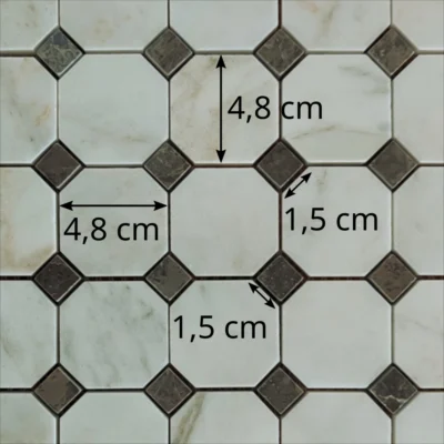 Dimensions des tesselles de la mosaïque en marbre Marinace blanc et marron (motif octogone)