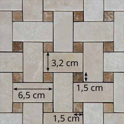 Dimensions des tesselles de la mosaïque en marbre vieilli beige (motif tissage panier et finition poli)