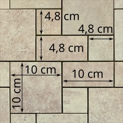 dimensions des tesselles de la mosaïque en travertin ivoire vieilli (pattern)