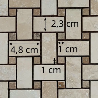 Dimensions des composants de la mosaïque en travertin Noçe (motif tissage grand panier)