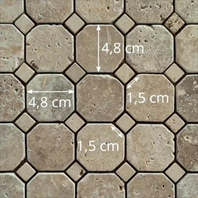 Dimensions des tesselles de la mosaïque en travertin vieilli foncé (motif octogone)