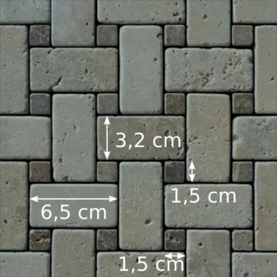 Dimensions des composants de la mosaïque en travertin vieilli ivoire (motif tissage panier)