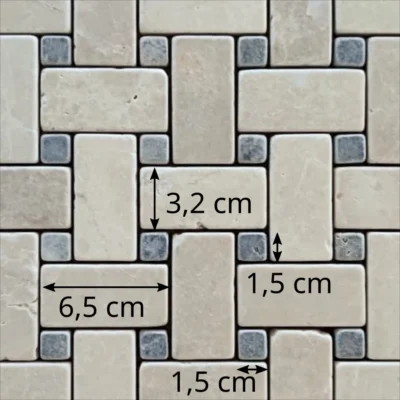 Dimensions des tesselles de la mosaïque en marbre beige et noir vieilli (tissage grand panier), AL-708