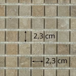 Dimensions des tesselles de la mosaïque en travertin Noçe vieilli (carrés de 2,3 cm), AL-203
