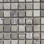 Dimensions des tesselles de la mosaïque en travertin Philadelphia vieilli (carrés de 2,3 cm), AL-217