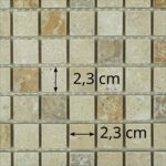 Dimensions des tesselles de la mosaïque en travertin vieilli multicolore (carrés de 2,3 cm), AL-205