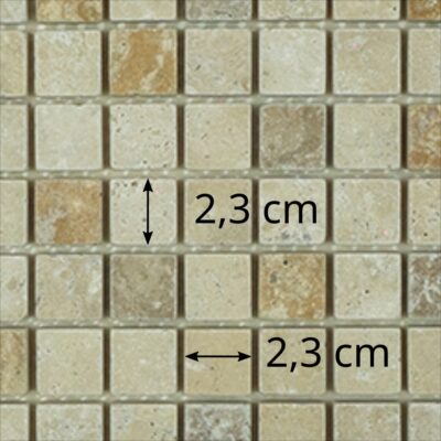 Dimensions des tesselles de la mosaïque en travertin vieilli multicolore (carrés de 2,3 cm), AL-205