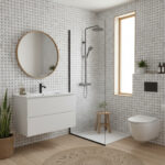 Mosaïque en marbre blanc et Emperador (tissage panier), Al-718 en situation dans une salle de bain de style scandinave