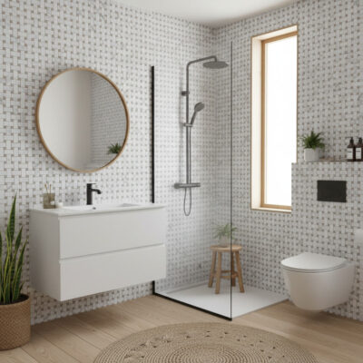 Mosaïque en marbre blanc et Emperador (tissage panier), Al-718 en situation dans une salle de bain de style scandinave