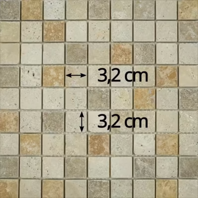 Dimensions des tesselles de la mosaïque en travertin multicolore (carrés de 3,2 cm), AL-252