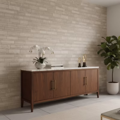 Mur d'un salon recouvert de mosaïque en travertin (AL-570-F)