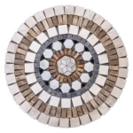Rosace en marbre et travertin, AL-2437, composée de tesselles de différentes tailles et couleurs (blanc, marron, noir et rouge), vue de face.