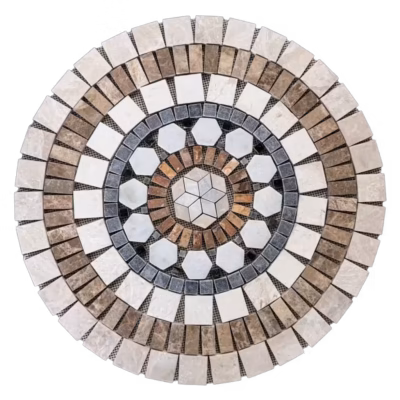 Rosace en marbre et travertin, AL-2437, composée de tesselles de différentes tailles et couleurs (blanc, marron, noir et rouge), vue de face.