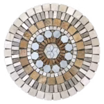 Rosace en marbre et travertin, AL-2438, composée de tesselles de différentes tailles et couleurs (blanc, gris, jaune et rouge), vue de face.