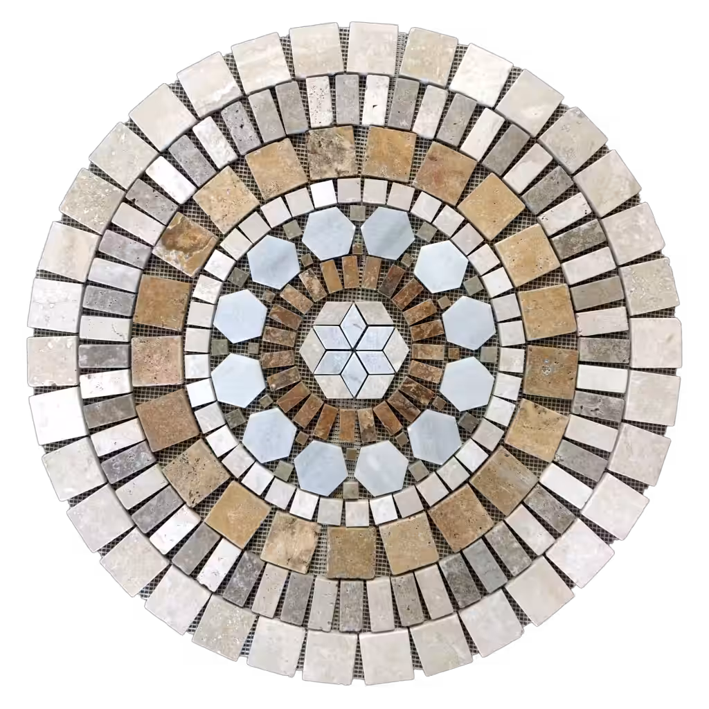 rosace-en-marbre-et-travertin-al-2438 Rosace en marbre et travertin, AL-2438, composée de tesselles de différentes tailles et couleurs (blanc, gris, jaune et rouge), vue de face.