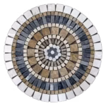 Rosace en marbre et travertin, AL-2439, composée de tesselles de différentes tailles et couleurs (blanc, marron et noir), vue de face.