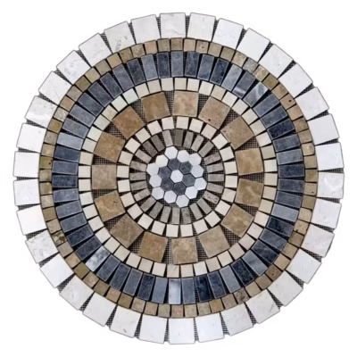 Rosace en marbre et travertin, AL-2439, composée de tesselles de différentes tailles et couleurs (blanc, marron et noir), vue de face.