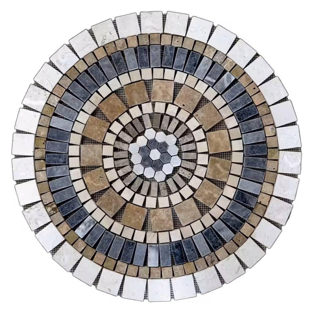 rosace-en-marbre-et-travertin-al-2439 Rosace en marbre et travertin, AL-2439, composée de tesselles de différentes tailles et couleurs (blanc, marron et noir), vue de face.