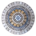 Rosace en marbre et travertin, AL-2440, composée de carrés, de rectangles et d'hexagones de différentes tailles et couleurs.
