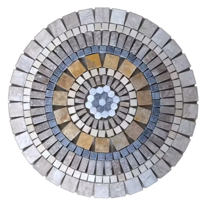 Rosace en marbre et travertin, AL-2440, composée de carrés, de rectangles et d'hexagones de différentes tailles et couleurs.