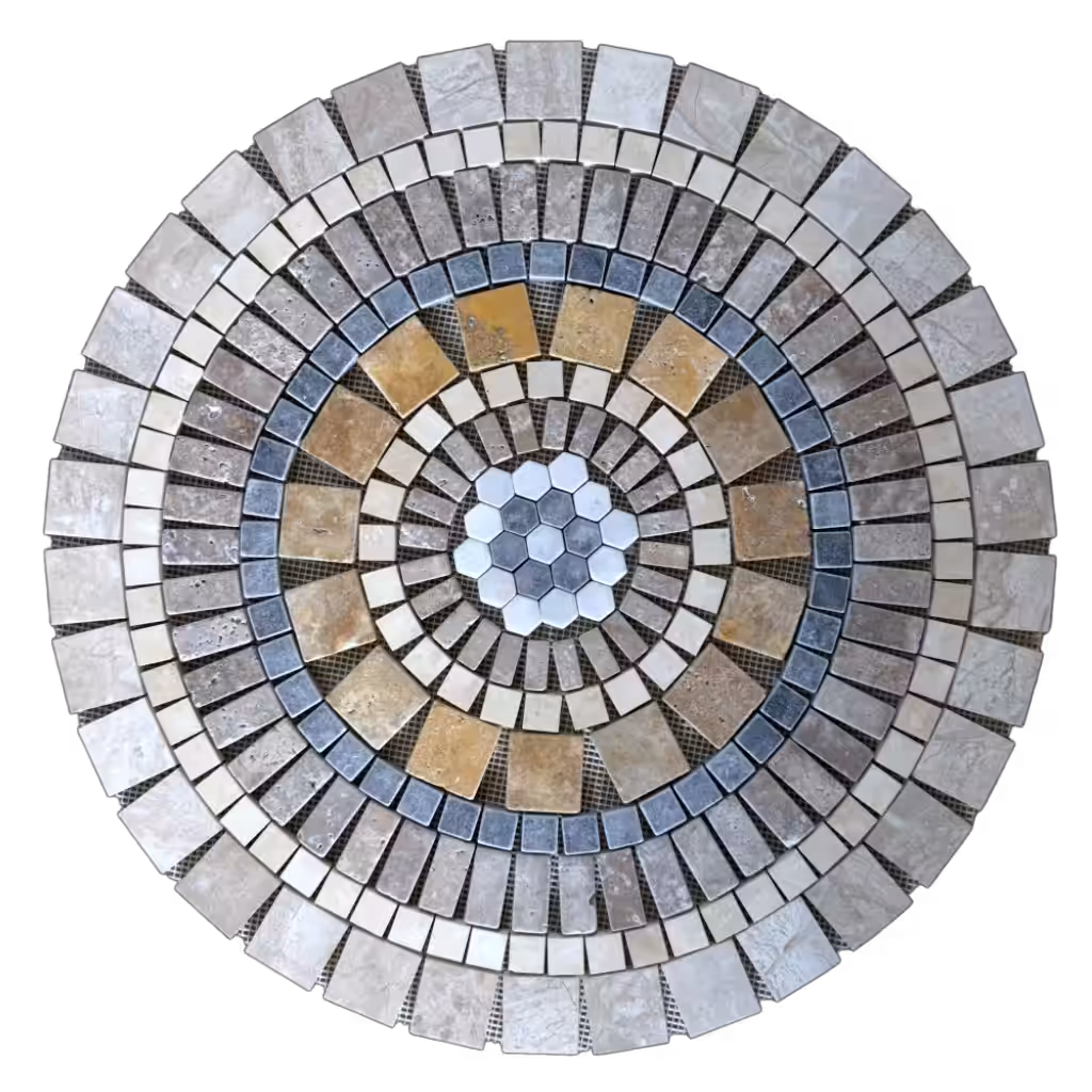 rosace-en-marbre-et-travertin-al-2440 Rosace en marbre et travertin, AL-2440, composée de carrés, de rectangles et d'hexagones de différentes tailles et couleurs.