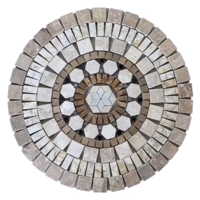 Rosace en marbre et travertin AL-2444 (vue de face) composée de rectangles, de carrés, d'hexagones et de losanges.