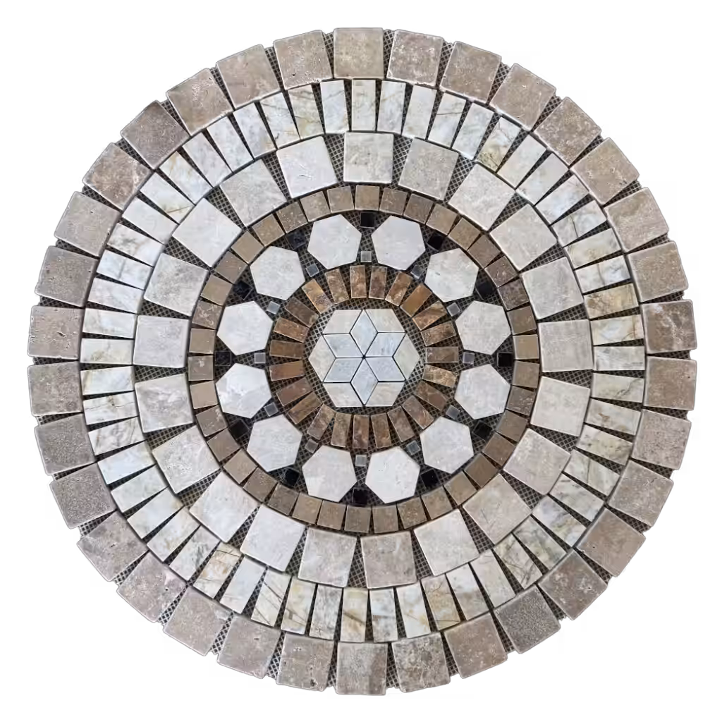 rosace-en-marbre-et-travertin-al-2444 Rosace en marbre et travertin AL-2444 (vue de face) composée de rectangles, de carrés, d'hexagones et de losanges.