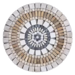 Rosace en marbre et travertin, AL-2446, composée de tesselles de différentes tailles et couleurs (nuances de blanc, beige, jaune et noir), vue de face.