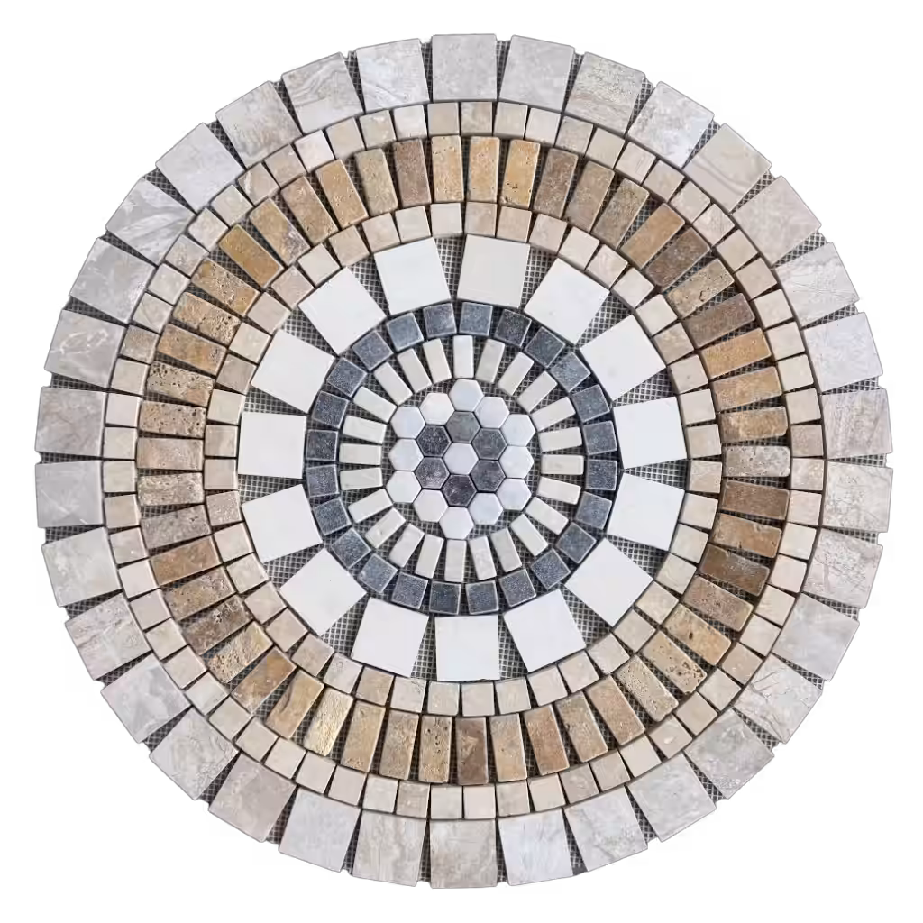 rosace-en-marbre-et-travertin-al-2446 Rosace en marbre et travertin, AL-2446, composée de tesselles de différentes tailles et couleurs (nuances de blanc, beige, jaune et noir), vue de face.